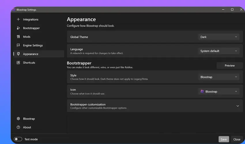 Bloxstrap appearance settings with themes and fonts
